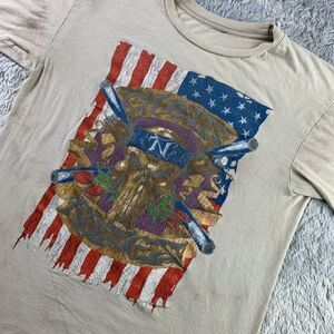 Guns N Roses Shirt Womens Small Beige Distressed American Flag Skull Rock Band